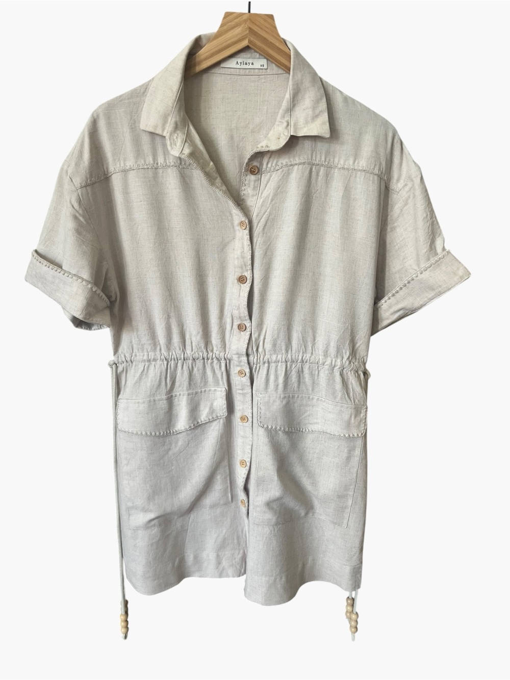 Aylaya neutral linen shirt dress.